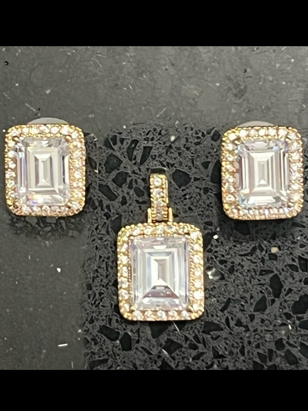 13c Diamonique EMERALD Step Cut Micro Pave Set Cz Pendant Necklace Earrings Gold